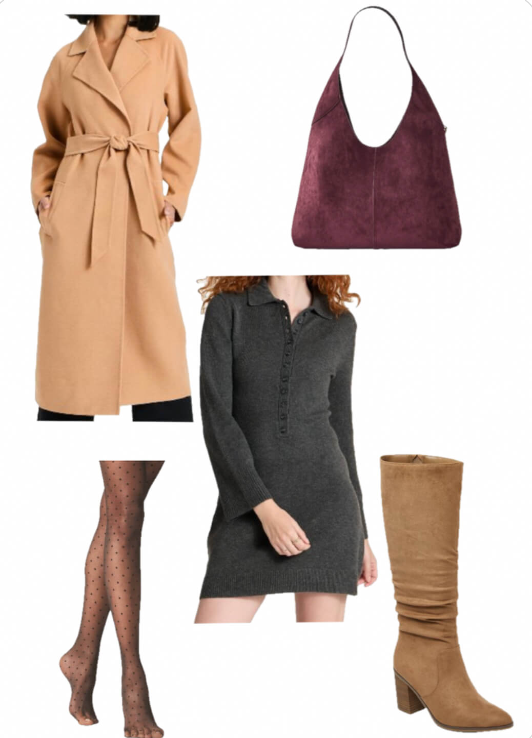 Gray long sleeve sweater dress, women's brown trenchcoat, brown knee high women's boots, black polka dot leggings stockings, and a burgandy shoulder purse.