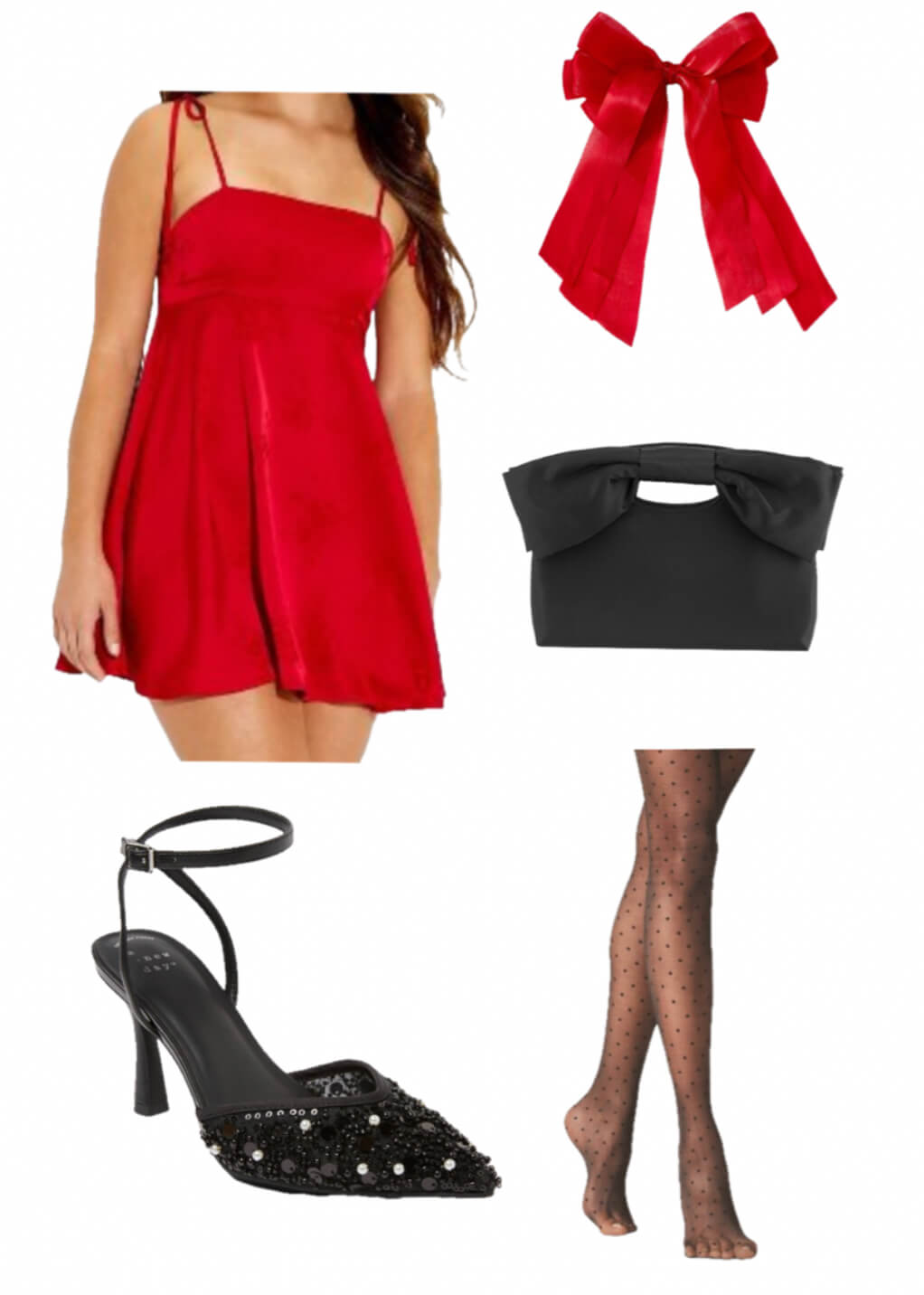 Red mini dress with black handbag, a red bow, black sequins high heels, and black polka dot leg stockings.
