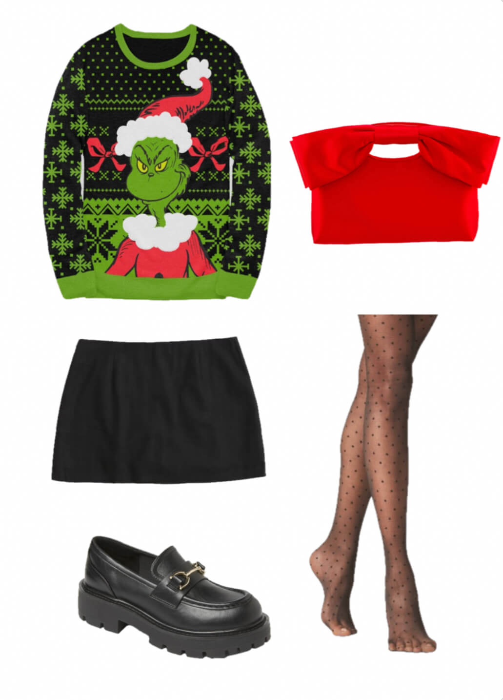 Grinch character christmas sweater, black mini skirt, black women's loafers, black polka dot leggings stockings, and red purse with a red bow handle.