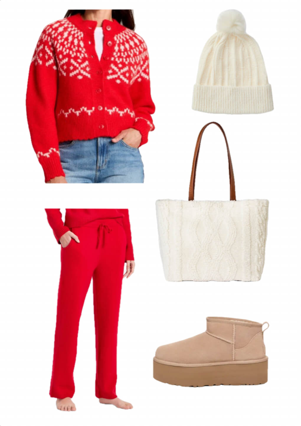 Fair isle pattern cardigan, red loungepants, brown mini ugg boots, white tote bag, and women's white beanie.