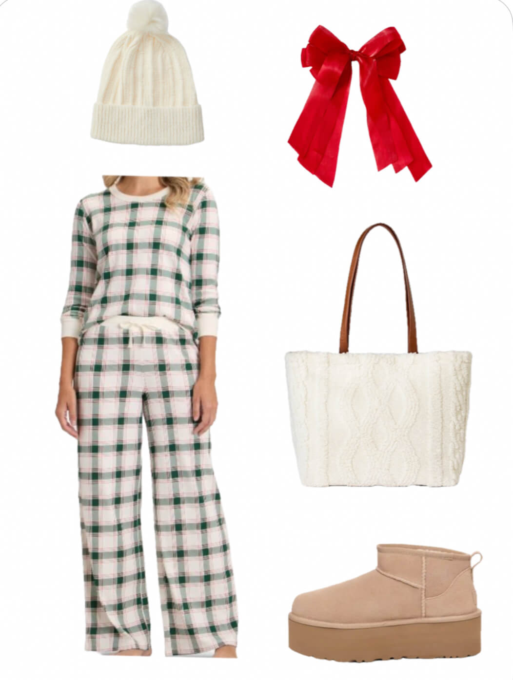 Green plaid pajamas, brown mini ugg boots, white tote bag, women's white beanie, and a red hair bow.
